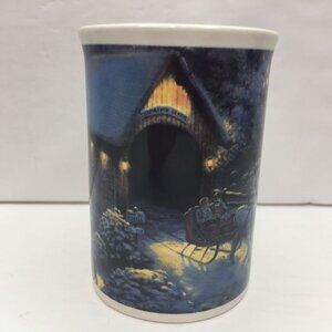 Vtg Thomas Kinkade Winter Evening Memory Covered Bridge Horse Sleigh Coffee Mug